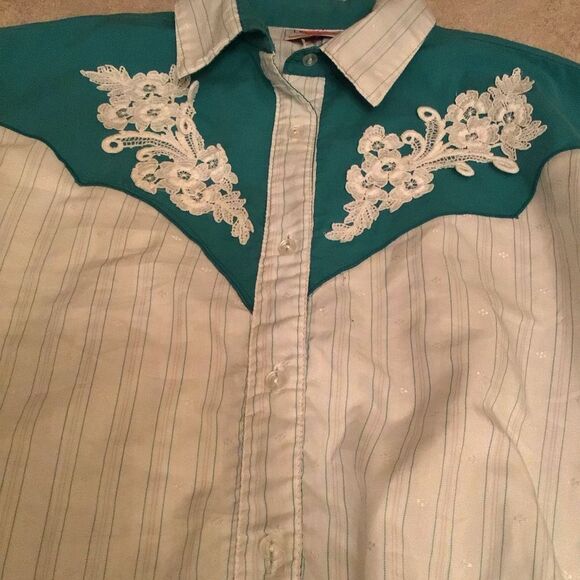 Vintage Deborah Haman Teal and Cream Western Shirt with Embroidery - Picture 3 of 6
